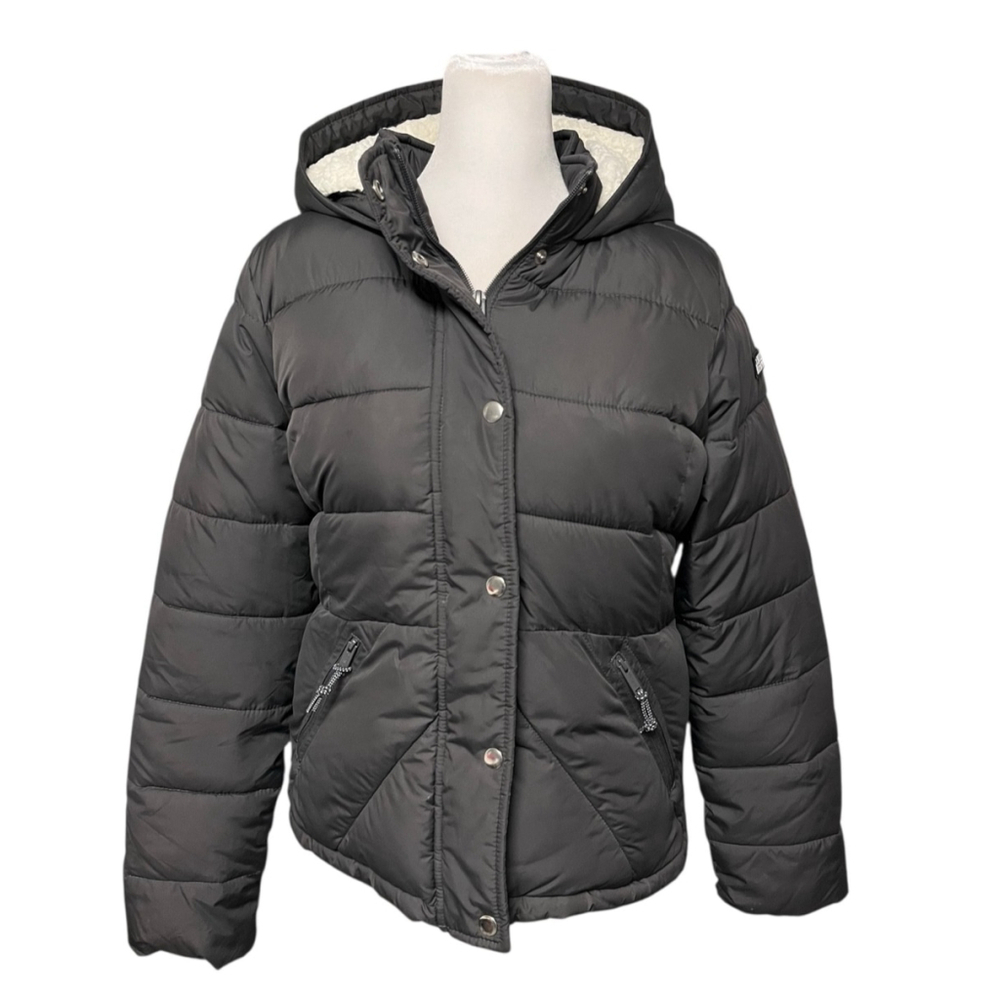 Hollister Gray Sherpa Lined Hooded Puffer Jacket Coat Size Medium - Picture 4 of 12